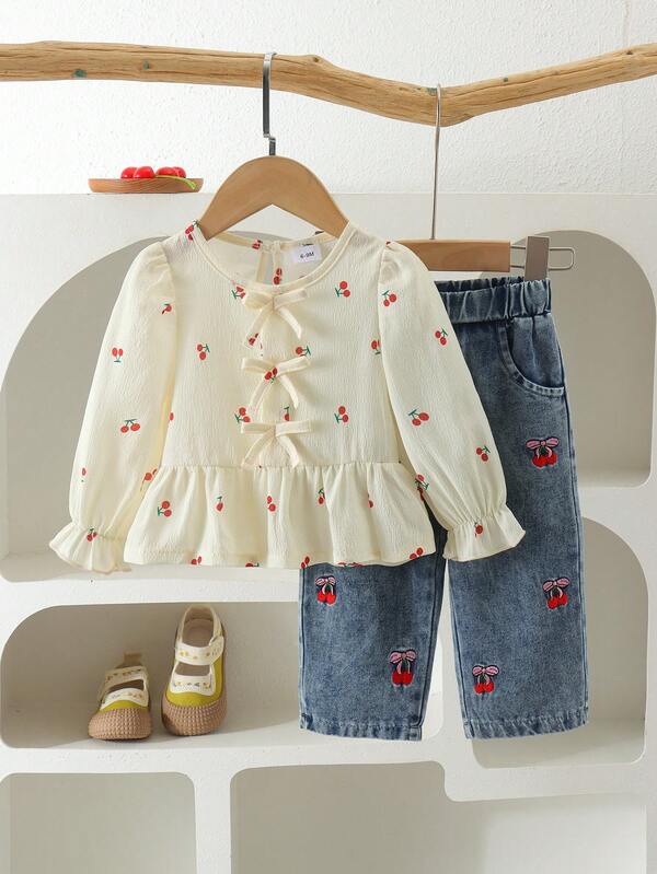 2pcs Baby Girl Spring/Autumn Set, Pastoral Style All-Over Cherry Ditsy Floral Long Sleeve Top With Embroidered Denim Jeans, Lightweight
