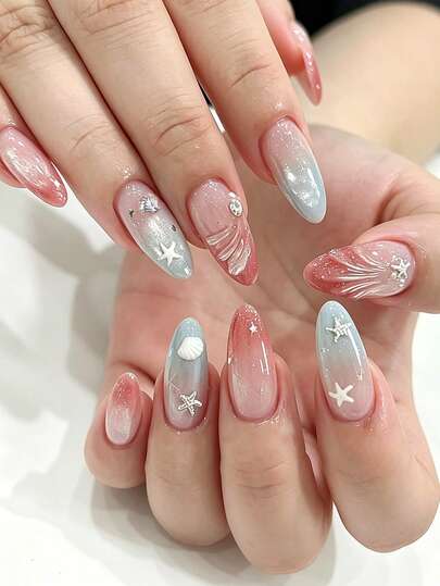 10pcs Summer Beach Medium Almond Acrylic Press On Nails Pink To Blue Ombre Gradient 3D Shell & Starfish Design Glitter & Pearl Accent Mermaid Ocean Style Glossy Full Cover Fake Nails For Women And Girls Daily Wear