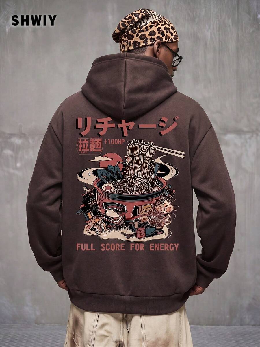 Shwiy 男士时尚街头休闲常规厚度抽绳口袋夹克,复古拉面印花卡通字母图案连帽衫,适合春秋季穿着 - 咖啡棕 - 查看 1