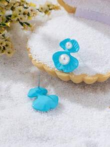 1 Pair Women's Stud Earrings, Fresh Delicate Small Lake Blue Petal Faux Pearl Earrings, Suitable For Daily Wear - Lake Blue - View 6