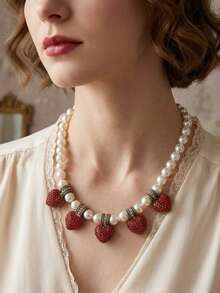 1pc French Vintage White Faux Pearl Necklace With 5 Red Rhinestone Heart Decor, Adjustable Extension Chain, Women's Date Night Dress Accessory, Holiday Gift Necklace - Multicolor - View 8
