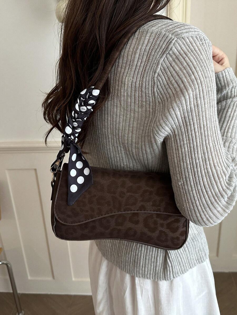 Fashion Leopard Print Asymmetric Scarf Decor Flap Vintage Minimalist Elegant Shoulder Bag