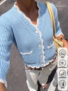 Preppy White Contrast Trim Knit Cardigan, V-Neck Heart Button Patch Pocket Short Jacket, Autumn Thanksgiving Streetwear - Blue - View 2
