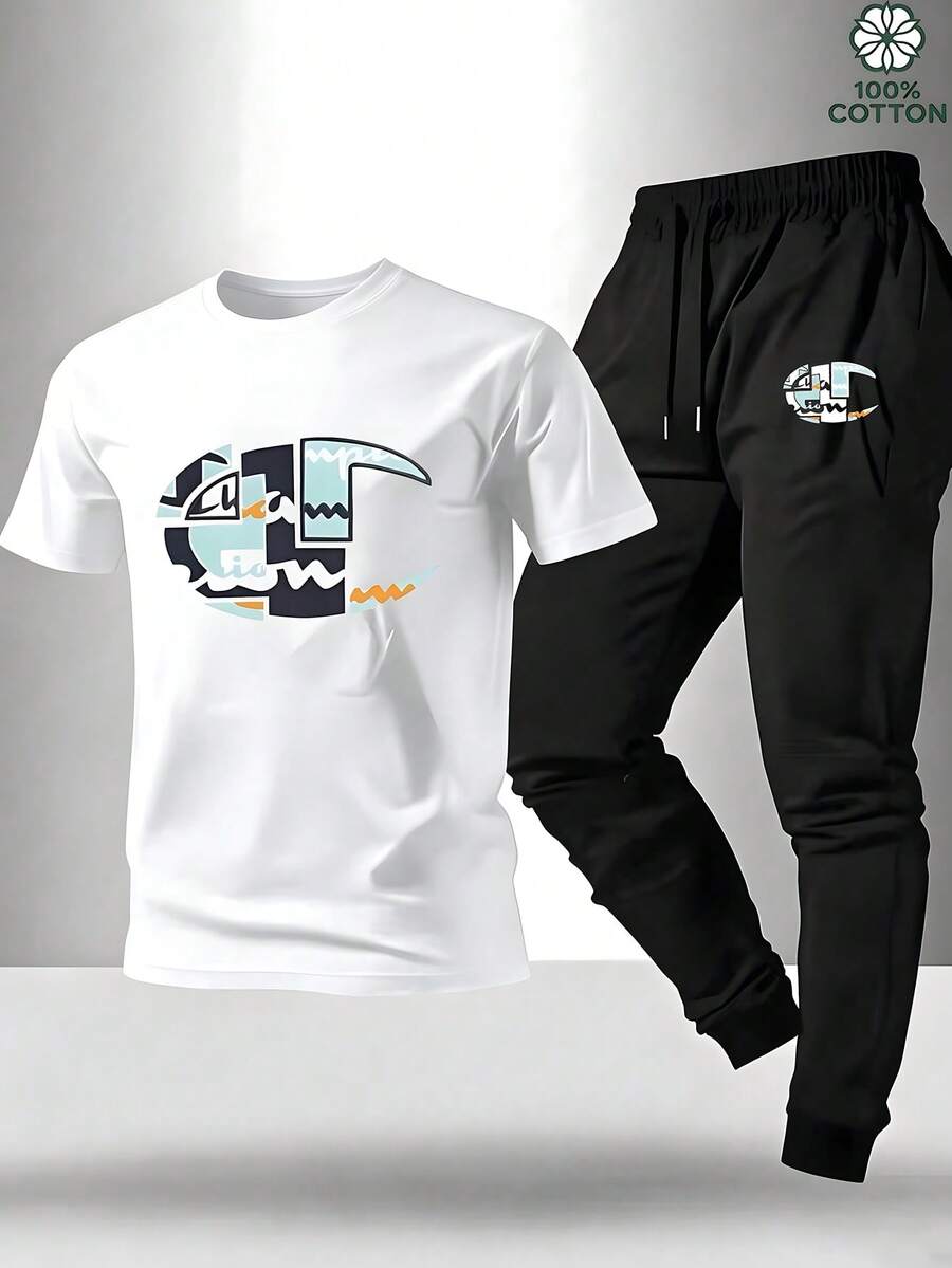 Men's Black T-Shirt Set With Letter And Stripe Print: 2-Piece Casual ...
