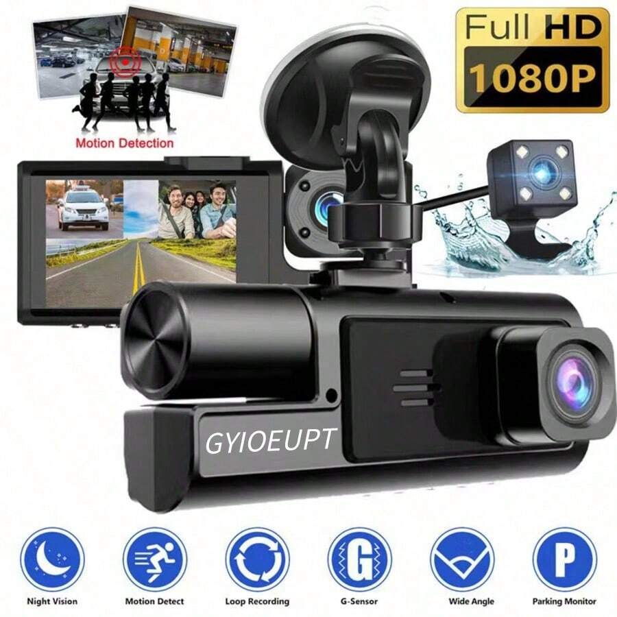 汽車行車記錄器 1080P UHD 三路錄影 前/後/車內錄影 2 吋 IPS 螢幕 夜視 循環錄影 緊急鎖定 24 小時停車模式 男士節日禮物汽車配件 內建 150mAh 鋰電池 - 3 cameras - 查看 1