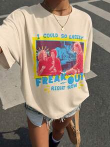 Cream Friends Oversized Short Sleeve Tee, Retro Color Frame Phoebe Monica Rachel Portrait Freak Out Slogan Print Loose Casual Top Summer - Apricot - View 2