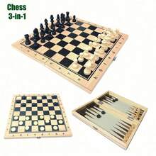 三合一高级木制国际象棋套装，带可折叠收纳盒，包含经典国际象棋、跳棋和西洋双陆棋，适合成人使用。 - 彩色 - 查看 3