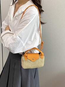 春夏新款草編小方包 獨家海灘迷你包 翻蓋式女包 適合購物、派對、居家 多功能單肩斜挎手提小方包 - 橘色 - 查看 5