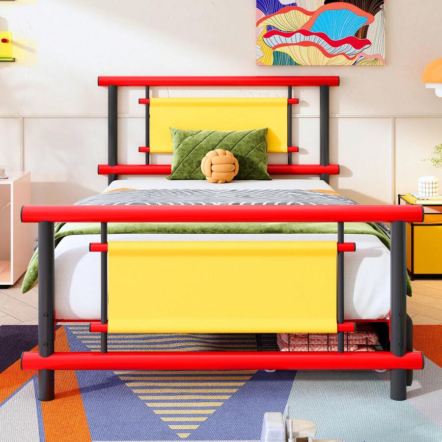 Kids Bed Frame 90x200 With Drawers - Colorful Metal Frame - 紅色 - 查看 1