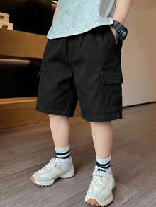 1 pieza Pantalones cortos cargo casuales y modernos con bolsillos grandes para niño pequeño, pantalones cortos Bermuda sueltos y relajados - Negro - Ver 7