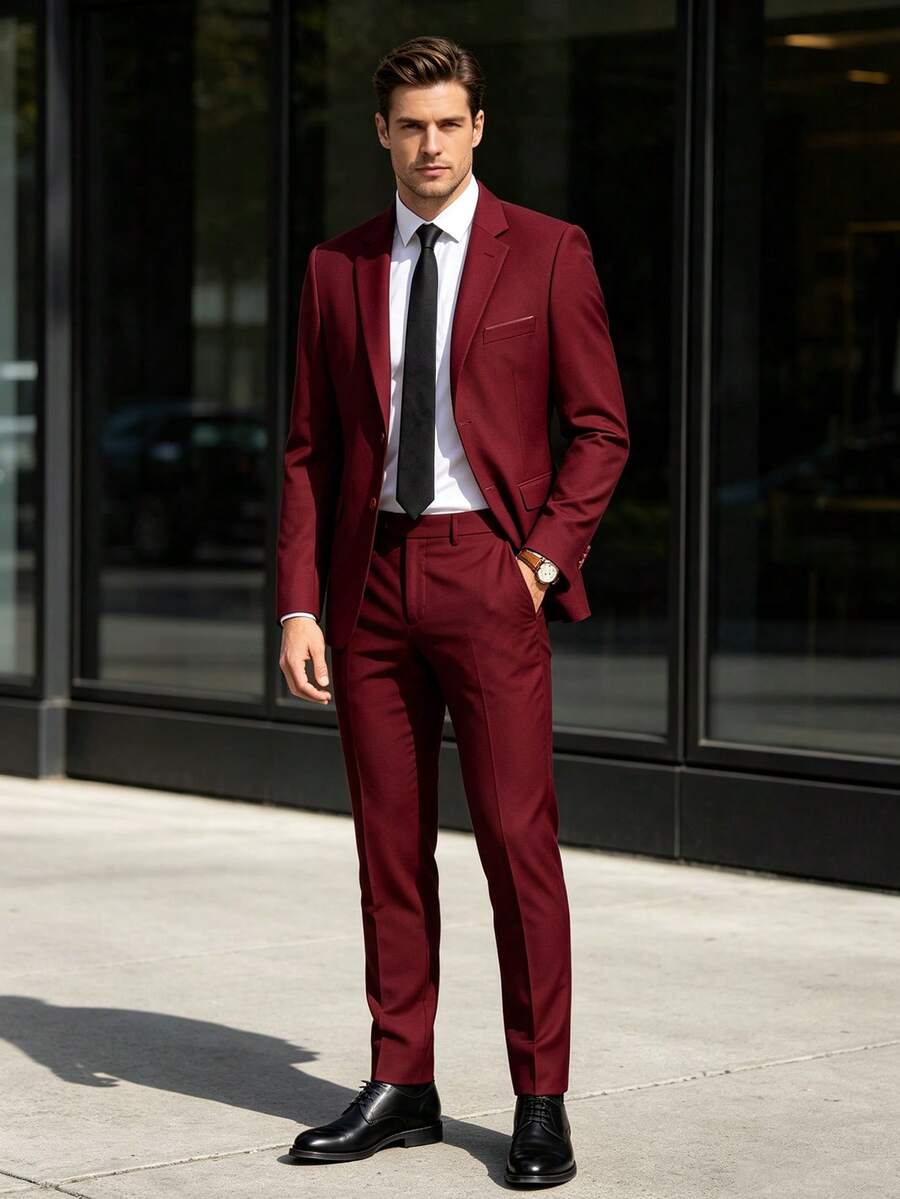 WindsorQuad Men's Suit Jacket Set, Gentleman Solid Color 2-Piece Jacket And Tie Set, Long Sleeve Double-Button Slim Fit Single-Breasted, Travel Wedding Party Business Dance - Burgundy - View 1