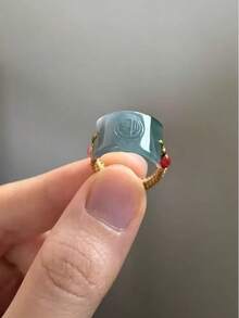 1件新款中式風格幸運珠財富符編織寬版戒指，適合女性日常與節日配戴 - 淺藍色 - 查看 1