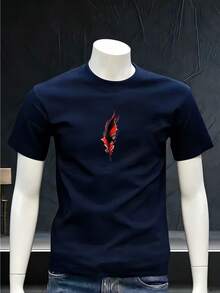 Camiseta Minimalista para Hombre con Estampado de Plumas en Tinta Negra y Roja, Cuello Redondo, Estilo Casual de Verano, Ropa Urbana Moderna para Uso Diario - Negro - Ver 7