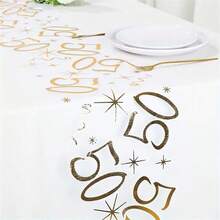 1pc Polyester Table Runner, 18/30/40/50/60/70th Birthday Applicable, 275*28cm, Gold Foil Mesh Design Table Runner, 18th Birthday Party Table Decoration, 40/50/60th Anniversary/Retirement Party Supplies, Birthday Party Tablecloth - 50 YEARS - View 1
