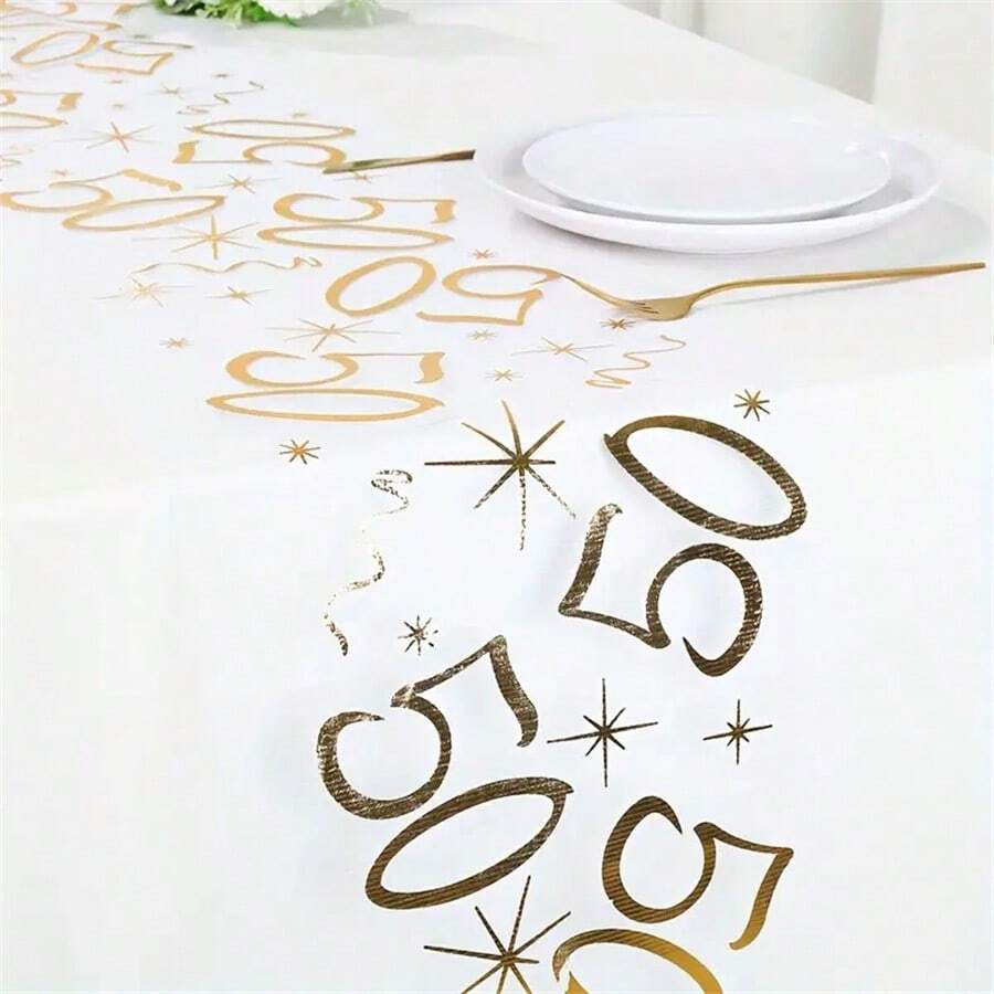 1pc Polyester Table Runner, 18/30/40/50/60/70th Birthday Applicable, 275*28cm, Gold Foil Mesh Design Table Runner, 18th Birthday Party Table Decoration, 40/50/60th Anniversary/Retirement Party Supplies, Birthday Party Tablecloth - 50 YEARS - View 1
