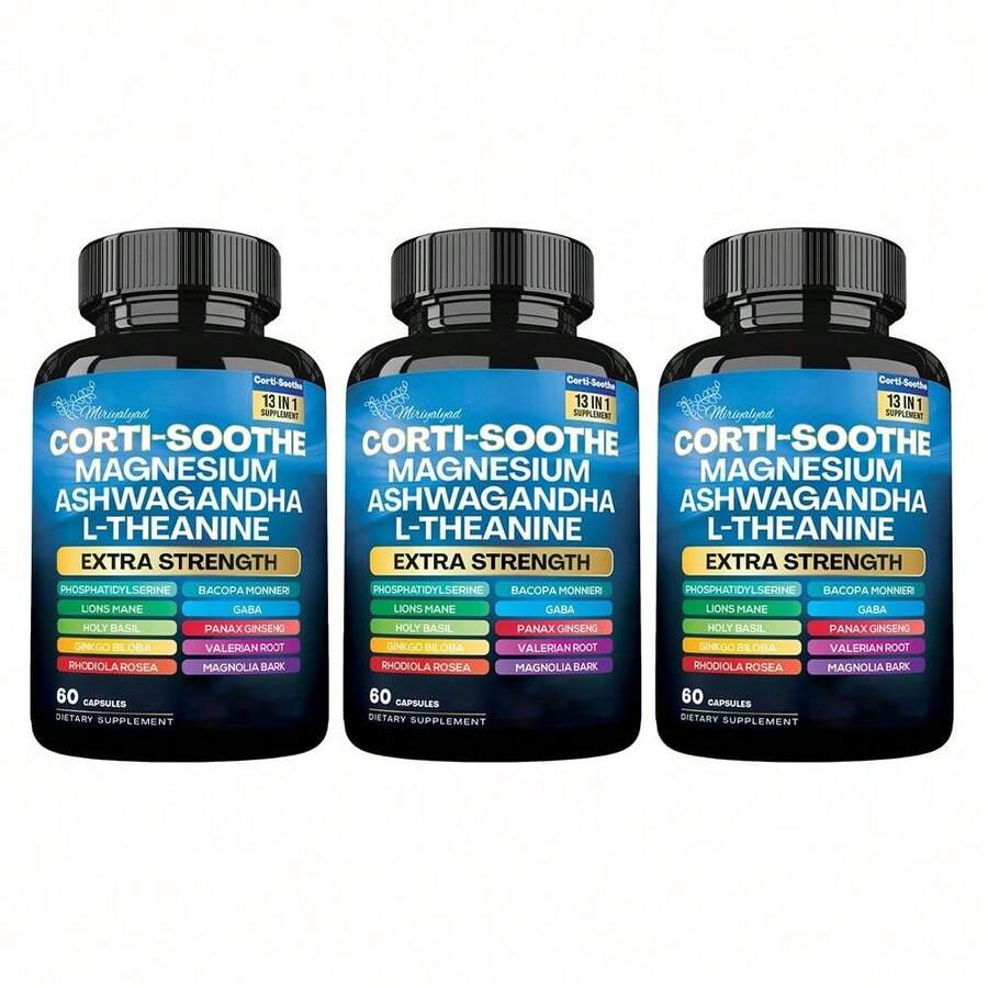Miriyalyad Corti-Soothe 13 In 1 Supplement Capsules Extra Strength Magnesium Ashwagandha L-Theanine Complex With Lions Mane GABA Rhodiola Ginkgo Biloba Valerian Root 60 Capsules - 3件 - 查看 1