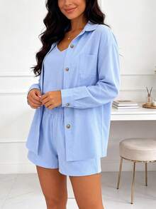 Women's 3-Piece Summer Set Shirt, Minimalist Vacation PJ Set Elegant - Sky Blue - View 6