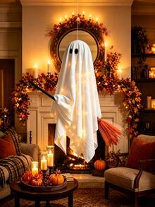 Halloween Decoration Outdoor/Indoor, Ghost Hanging On Broom, Suitable For Trees, Porch, Yard, Patio, Indoor, Garden, Farmhouse (String Lights Not Included) - Ghost - View 7