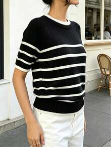 Suéter de punto acanalado a rayas de manga corta estilo preppy para mujer, elasticidad media, longitud regular, adecuado para usar en otoño - Multicolor - Ver 6