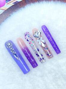 10 Peças Unhas Postiças Longas Feitas à Mão, Unhas Falsas com Degradê Roxo, Strass em Formato de Coração e Laços Brancos, Múltiplos Formatos com Incrustação de Glitter Holográfico de Cristal Prateado, Estilo Luxuoso Brilhante e Doce, Adequado para Festa, Casamento, Presente de Aniversário, Inclui Cola de Gelatina e Mini Lixa de Unha - Multicolorido - Visão 2