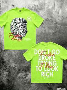 Money Graphic% Cotton  Shirt Don'Go Broke Trying To Look Rich Statement  Double Sided Streetwear 220gCasual Short-Sleeve-Shirts Men And Women - 螢光綠 - 查看 3
