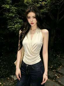 1pc Women's Sleeveless Deep V-Neck Knitted Backless Top, Summer Slim Fit Halter Neck T-Shirt - Apricot - View 4