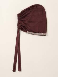 1PC Women's Fashion Solid Color Rhinestone Muslim Tie-Up Hat, Versatile Scarf Headwrap Underscarf, Suitable For Daily Wear - 005-coffee - View 5