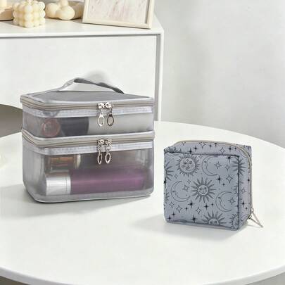 2pcs Travel Toiletry Set, Double-Layer Mesh Large Capacity Bag + Sun & Moon Print Mini Pouch, Dual-Compartment Storage, Smooth Metal Zipper, Durable Fabric, Dorm Desk Organizer / Weekend Getaway Travel, Makeup Enthusiasts, Gift For Women