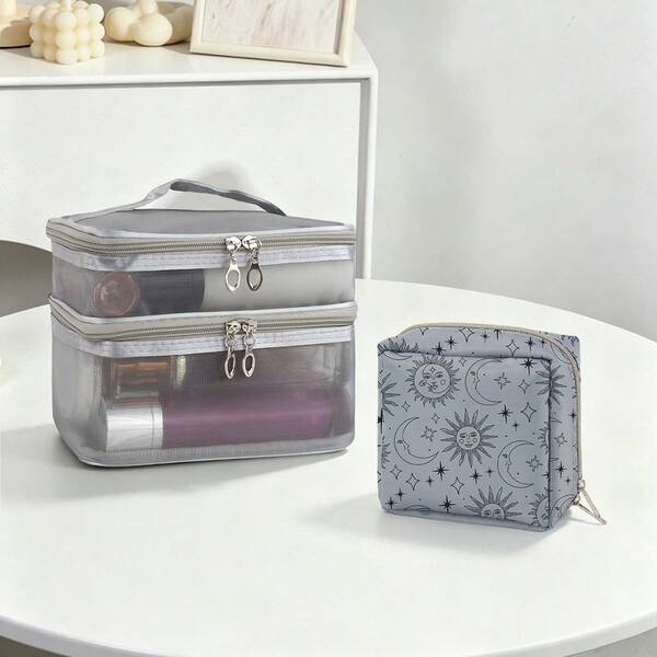 2pcs Travel Toiletry Set, Double-Layer Mesh Large Capacity Bag + Sun & Moon Print Mini Pouch, Dual-Compartment Storage, Smooth Metal Zipper, Durable Fabric, Dorm Desk Organizer / Weekend Getaway Travel, Makeup Enthusiasts, Gift For Women