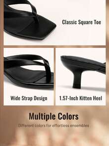 Athlefit Women Square Toe Kitten Heel Flip Flops Comfort Slip On Low Heel Summer Thong Heeled Sandals - 黑色 - 查看 7