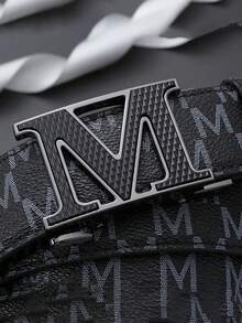 Men Monogram M Letter Automatic Buckle PU Leather Belt, Business Casual Waist Strap For Jeans Pants - Multicolor - View 5