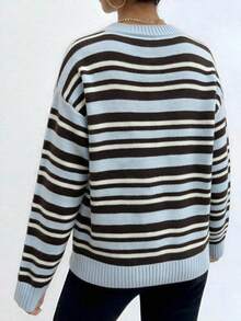 Women's Striped Crew Neck Long Sleeve Pullover Sweater, Casual Ribbed Knit Medium Stretch Top, Suitable For Autumn/Winter Wear - Blue - View 4