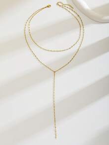 1pc Minimalist Exquisite Bohemian Y2K Layered Y-Shaped Lasso Necklace, Delicate Stainless Steel Bead Chain, Women's Summer Versatile Daily Jewelry - Yellow Gold - View 11