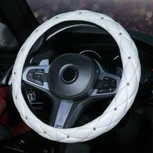 1pc Artificial Sheep Skin Soft Leather Rhinestone Blingbling Car Steering Wheel Cover, Fits 14.5-15 Inch Round Steering Wheel, Car Interior Accessory, Unisex, Black - A - View 9