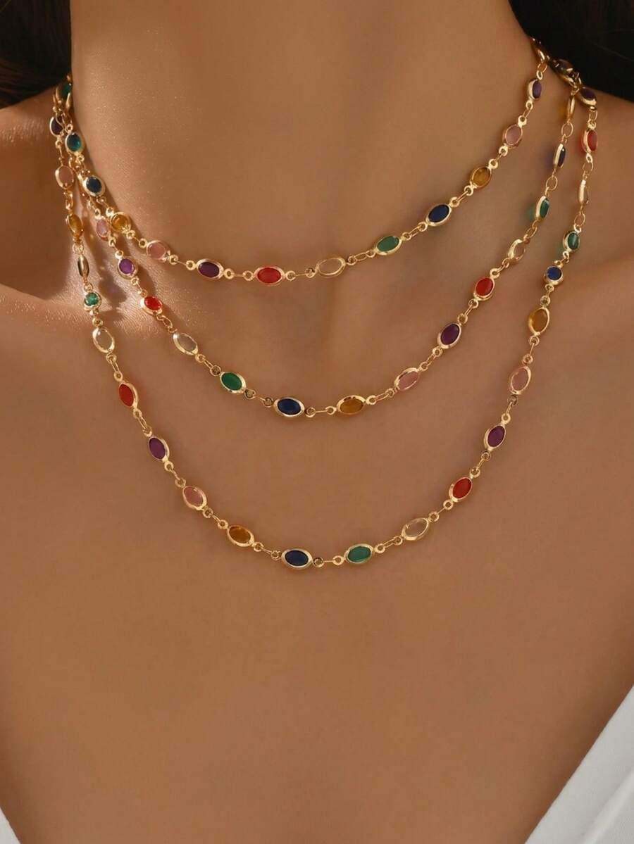 2pcs Elegant Fashion Versatile Oval Colorful Trim Chain Layered Multi-Layer Necklace Set Suitable For Women's Daily Commute, Banquet, Party Wear (Oval Bead Color Quantity Random) - Colorful - View 1