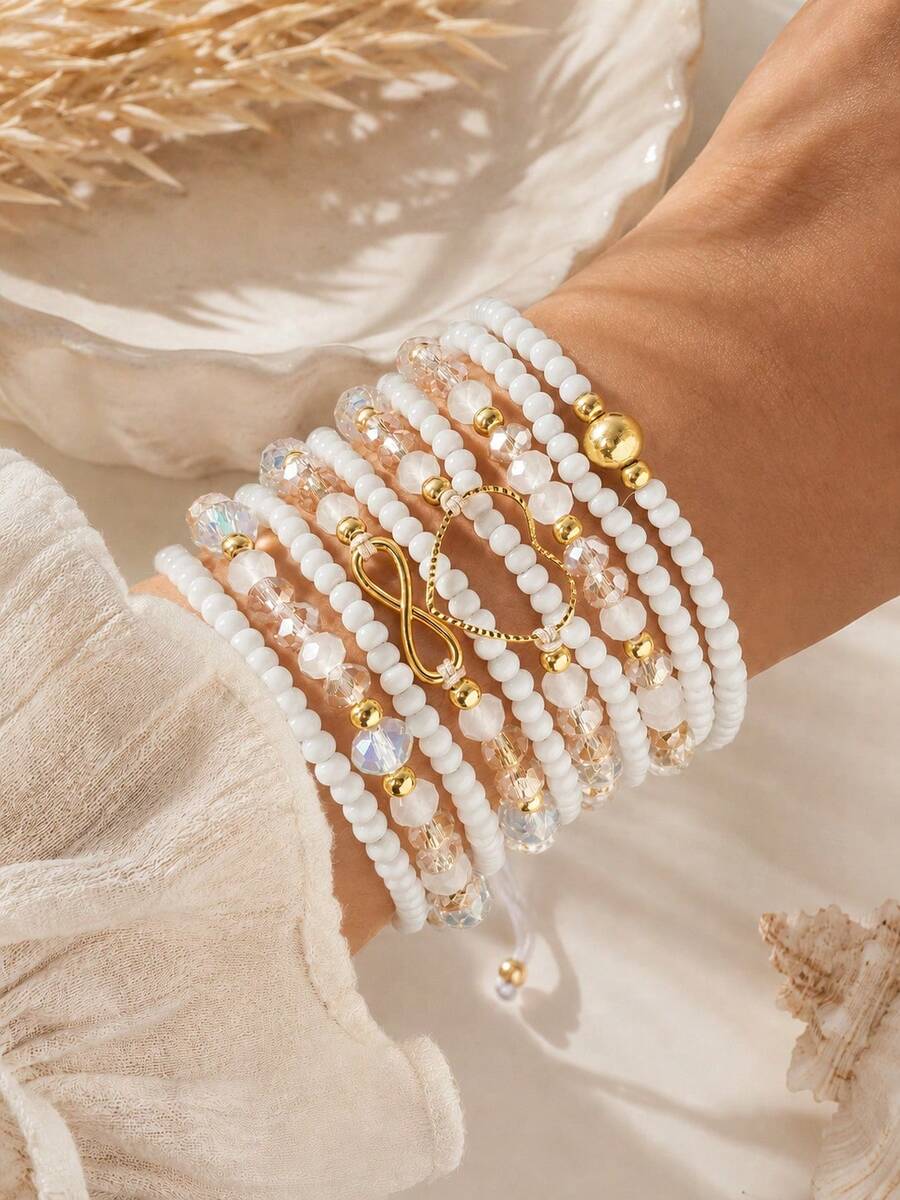 10件組波希米亞手工米珠愛心手鍊套裝 女款飾品 - 彩色 - 查看 1