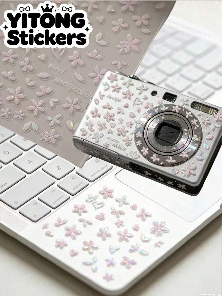 1pc Iridescent Pearlescent Sakura Heart Decorative Sticker, Self-Adhesive Waterproof Cherry Blossom Petal Decal For Camera, Phone Case, Laptop, Water Bottle, DIY Decoration Material School Supplies - Pink Cherry Blossom Petals - View 1