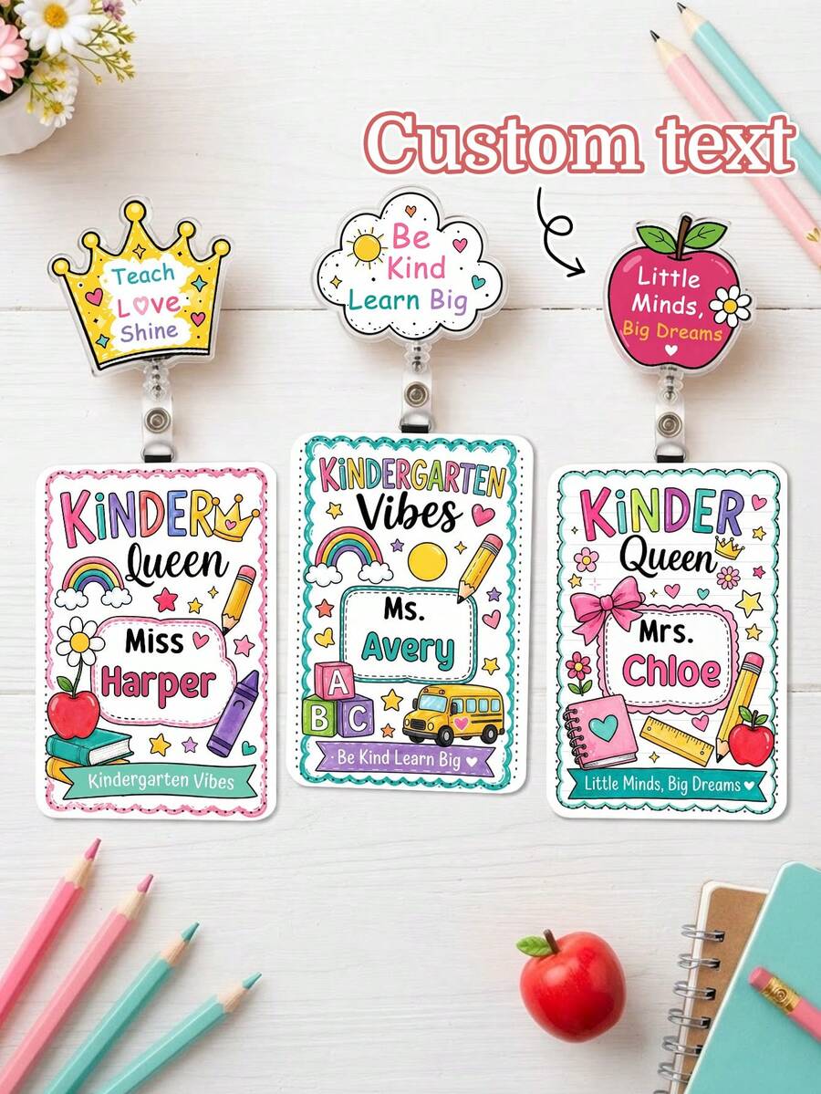1pc Custom Teacher Name Badge Reel & ID Card Holder Set,Staff Luggage Tag Combo,Teacher Appreciation Gift,Back To School,School ID Accessory Gift - Multicolor - View 1