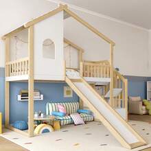 High Bed Frame, 90x200cm, With Storage And Slide - Natural+ White - Natural and White - View 3