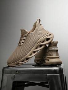 Men's Minimalist Solid Color Knit Mesh Breathable Hollow Bottom Shock-Absorbing Running Shoes, Lightweight Soft Comfortable Casual Sports Shoes For Outdoor Daily Commute - Khaki - View 8