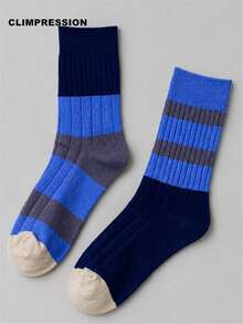 CLIMPRESSION Women's Colorblock Striped Boat Socks, Asymmetric Dual-Color Ribbed Knit Mid-Calf Socks, Fashion Contrast Toe Casual Cotton Socks - Blue - View 13