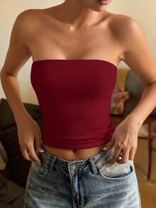 女款夏季性感辣妹休閒百搭 Y2K 風格抹胸上衣 - 酒紅色 - 查看 2