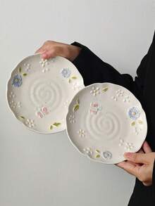 1/2/4pcs Embossed Floral Ceramic Plates, European Style Fresh Ceramic Plates, Dessert Cake Plates, Casual Snack Plates, Coffee Cup Trays, Candy Plates, Fruit Plates, Gift Tableware - Multicolor - View 15