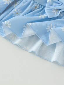 2pcs Baby Girl Fresh Daisy Print Bow Flare Long Sleeve Top And Pants Set, Thin Mori Style - Baby Blue - View 5