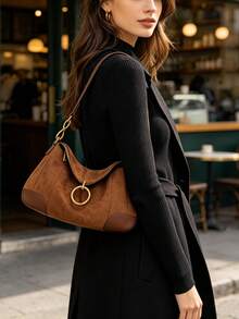 1pc Camel Color Suede Patchwork Shoulder Bag, Niche Design Underarm Bag, Round Pendant Handbag, Fashion Commute Vintage Texture Women's Bag, Daily Casual Clutch - Camel - View 3