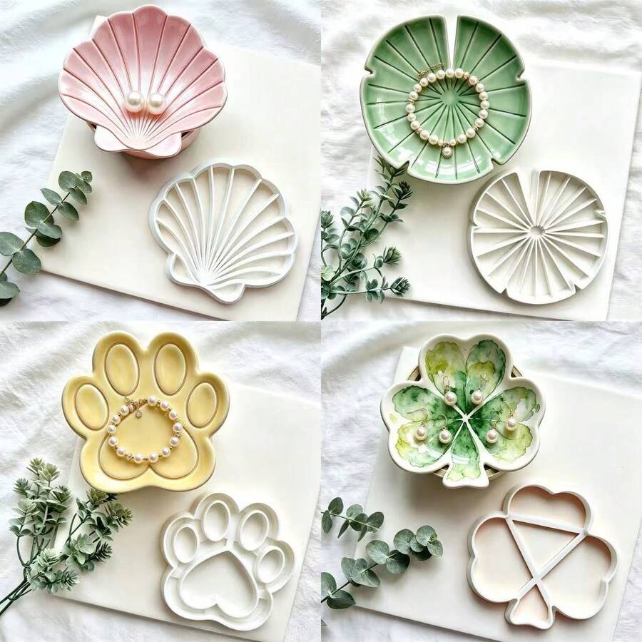 1 Soft Clay Jewelry Dish Mold, Suitable For Beginners And Artists, Clover, Cat Paw, Lotus Leaf, Shell Shaped Jewelry Dish And Coaster Mold For Polymer Clay, Polymer Clay Tools, Suitable For Earrings, Pendants, Holiday Craft Accessories, Durable Plastic Mold, Soft Clay Jewelry DIY Tools - White - View 1