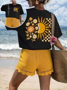 A Double-Sided Printed T-Shirt With A Floral And Sun Design By "Summer Vibe", Featuring A Round Neck And Short Sleeves, Ideal For Wearing In Spring. - Black - View 1