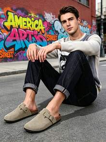 Khaki Indoor/Outdoor Slippers For Men, Slip-On With Soft Lining, Lightweight PVC Sole And Square Metal Buckle Closure - Khaki - View 10