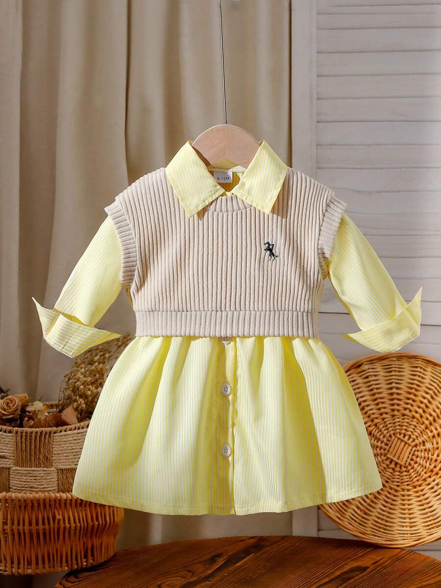 2pcs/Set Baby Girl Embroidered Vest & Striped Long Sleeve Shirt Dress, Casual Daily Wear, Versatile Outfit, Spring/Summer, Preppy Style - Mustard Yellow - View 1