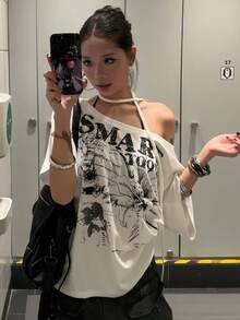 Retro American Bowknot Print Short Sleeve T-Shirt, Casual Loose Fit Summer Top For Women White - White - View 8